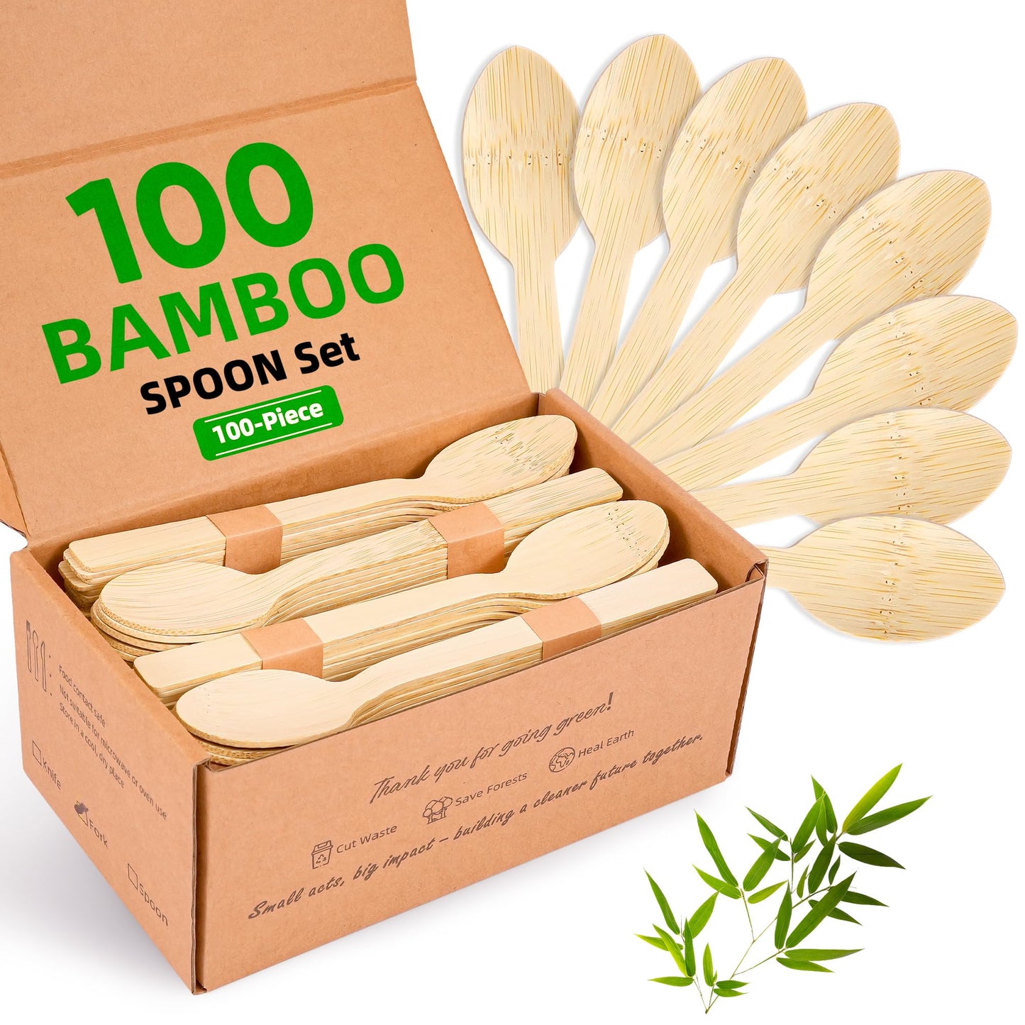FEHHTO Disposable Bamboo Utensils Set, Compostable Cutlery, Eco-Friendly Disposable Silverware for Parties, Catering, Office Lunches –100 PCS Spoons