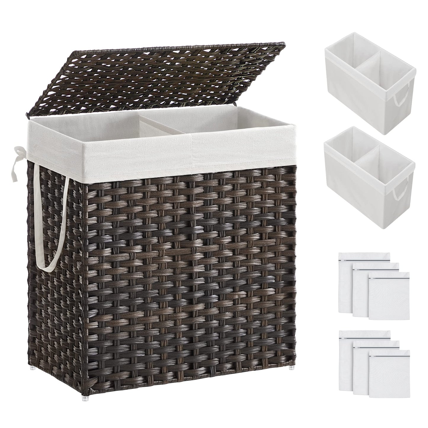 SONGMICS Laundry Hamper with Lid, 110L Clothes Hamper with 2 Removable Liner Bags, 6 Mesh Bags, Wicker Laundry Basket, Double Laundry Hamper for Bathroom, 13 x 22.4 x 23.6 Inches, Brown ULCB052K02