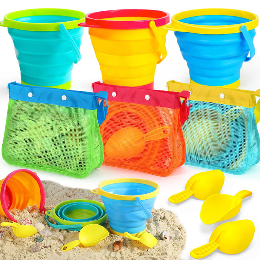 TOY Life Collapsible Beach Bucket Toys for Kids Beach Essentials with Portable 3 Seashell Bags & 3 Silicone Collapsible Sand Bucket & Shovels Travel Sand Toys Sandbox Toy for Fishing, Beach Party