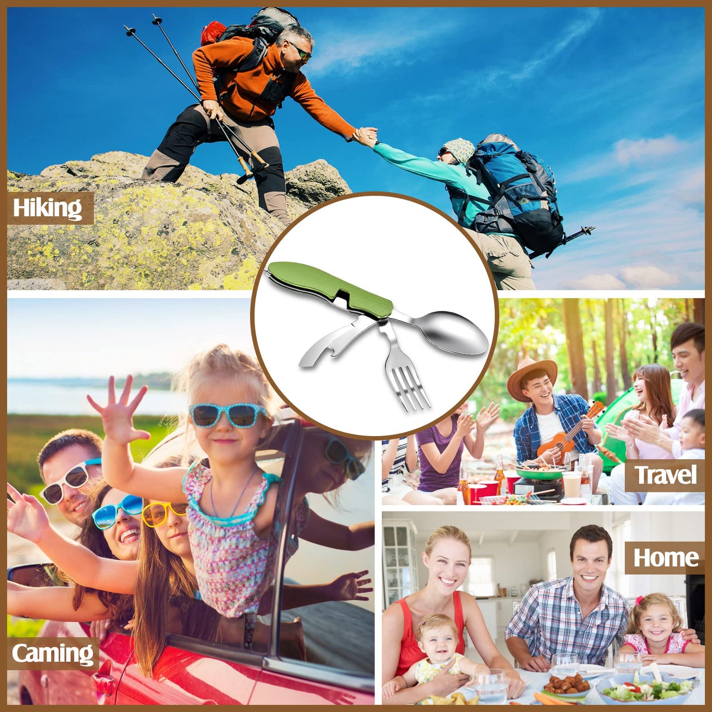 Folding Camping Utensil Set – Stainless Steel Spoon, Fork, Knife & Bottle Opener – Portable Outdoor Tableware, Backpacking Cutlery in Red, Green, Blue, Black, Gold(5 Pcs)