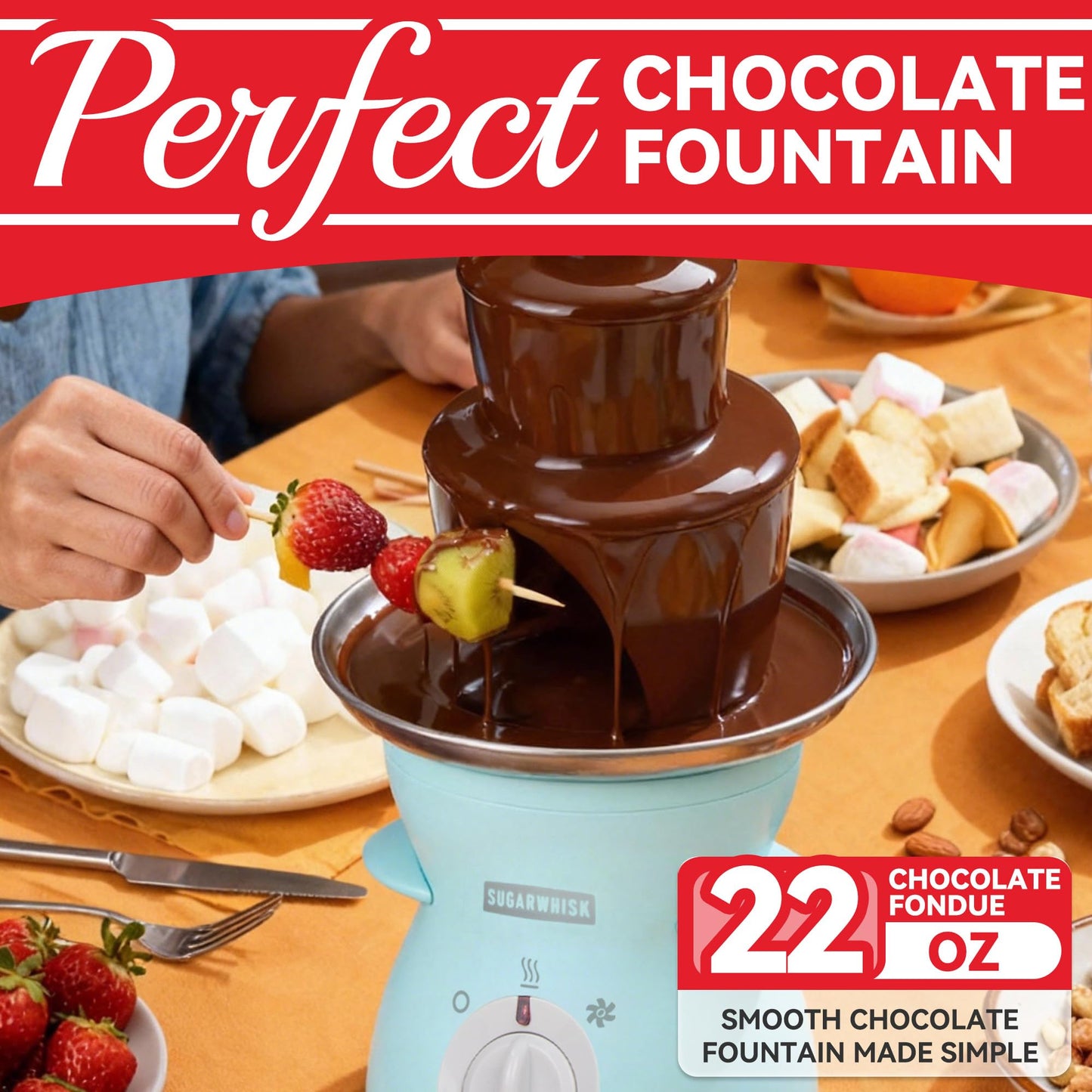 SugarWhisk 3 Tier Mini Chocolate Fountain Machine, Easy to Use & Clean, Great for Parties, Events & Weddings, 22 Oz Capacity, Aqua