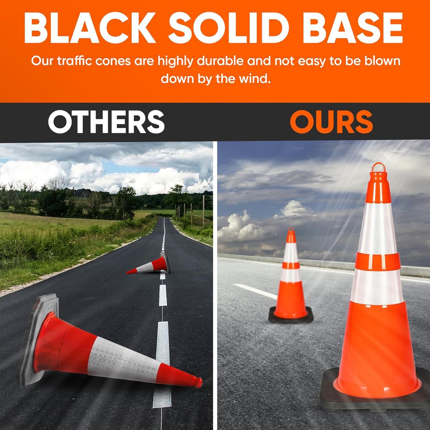 Pyle 28" Traffic Cones, 10-Pack High-Visibility Safety Markers for Roadwork, Parking Lots, Sports Training, and Construction Zones, Durable Orange PVC Cones with Stable Heavy-Duty Base