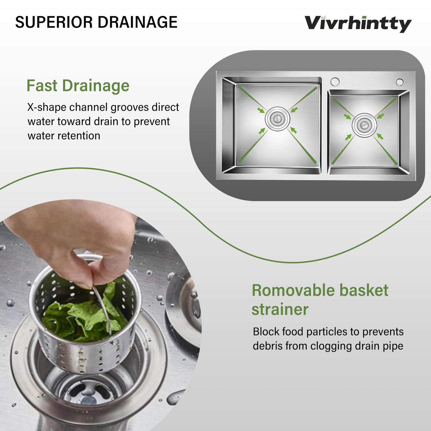 Vivrhintty 32" x 18" Drop-in/Topmount Double Bowl Kitchen Sink, Nano-Coated 304 Stainless Steel Kitchen Sink with Drain and Overflow
