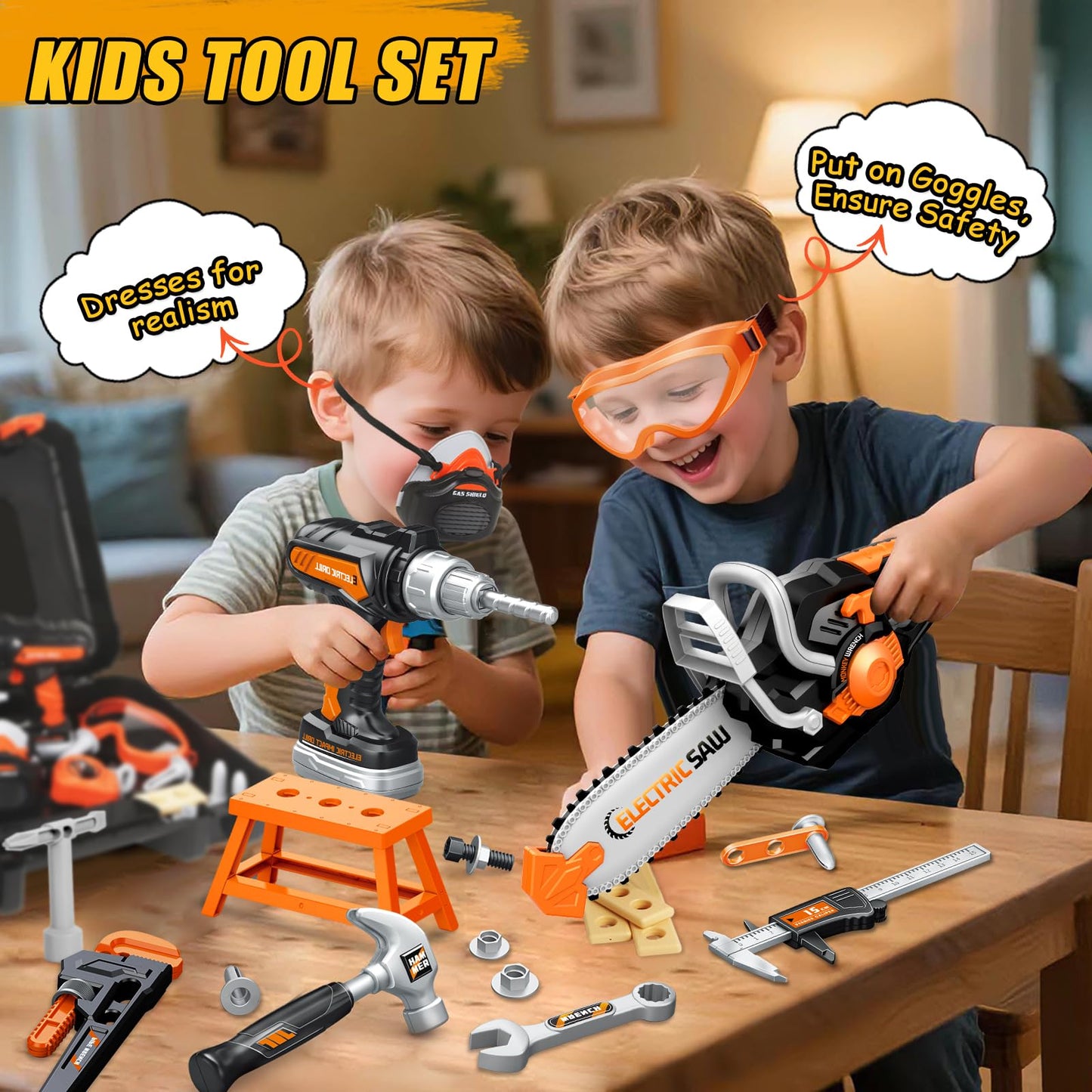 Kids Tool Set Toys, 48 Pcs Toddler Tool Set with Portable Tool Box, Electronic Toy Drill & Electric Chainsaw, Construction Tools Gifts for Boys Aged 3 4 5 6 7, Christmas Birthday Gifts for Toddlers
