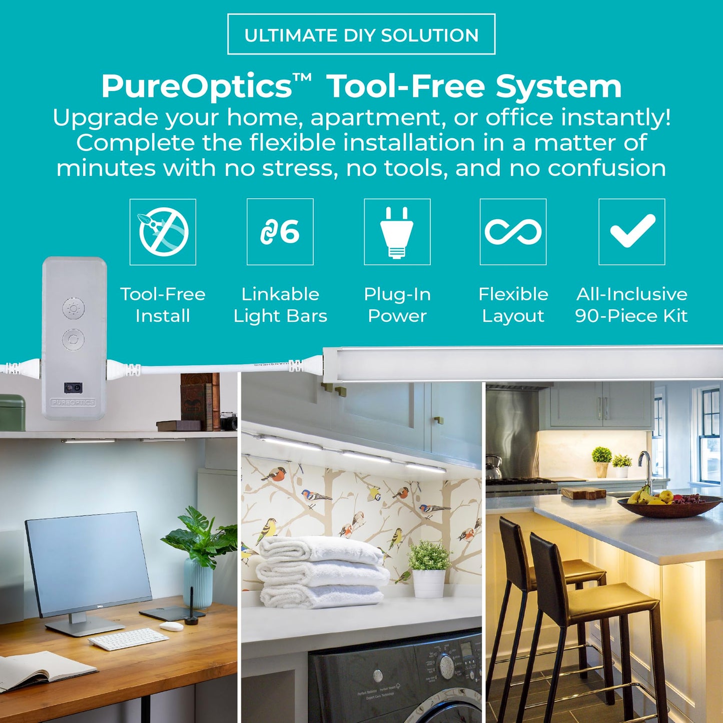 PureOptics LED Works with Alexa Smart Under Cabinet Lighting Kit, Adjustable LEDs, (6) 9" Bars, White