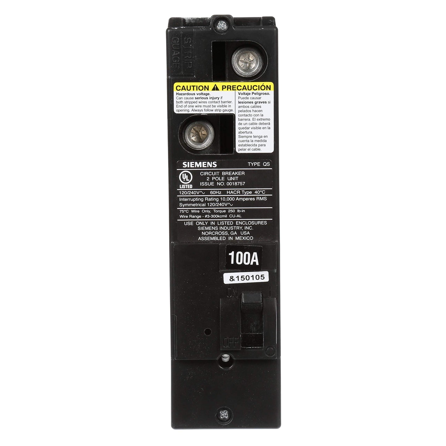 SIEMENS US2 QS2100 QS Type 100 Amp Multi-Family Main Breaker, 10 KAIC Rated, Black