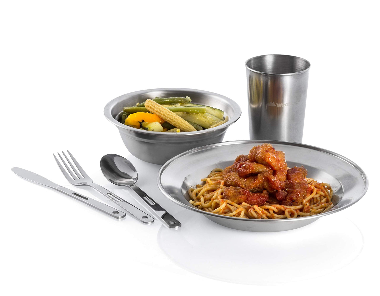 Wealers Unique Complete Messware Kit Polished Stainless Steel Dishes Set| Tableware| Dinnerware| Camping| Buffet| Includes - Cups | Plates| Bowls| Cutlery| Comes in Mesh Bags (4 Person Set) (Black)