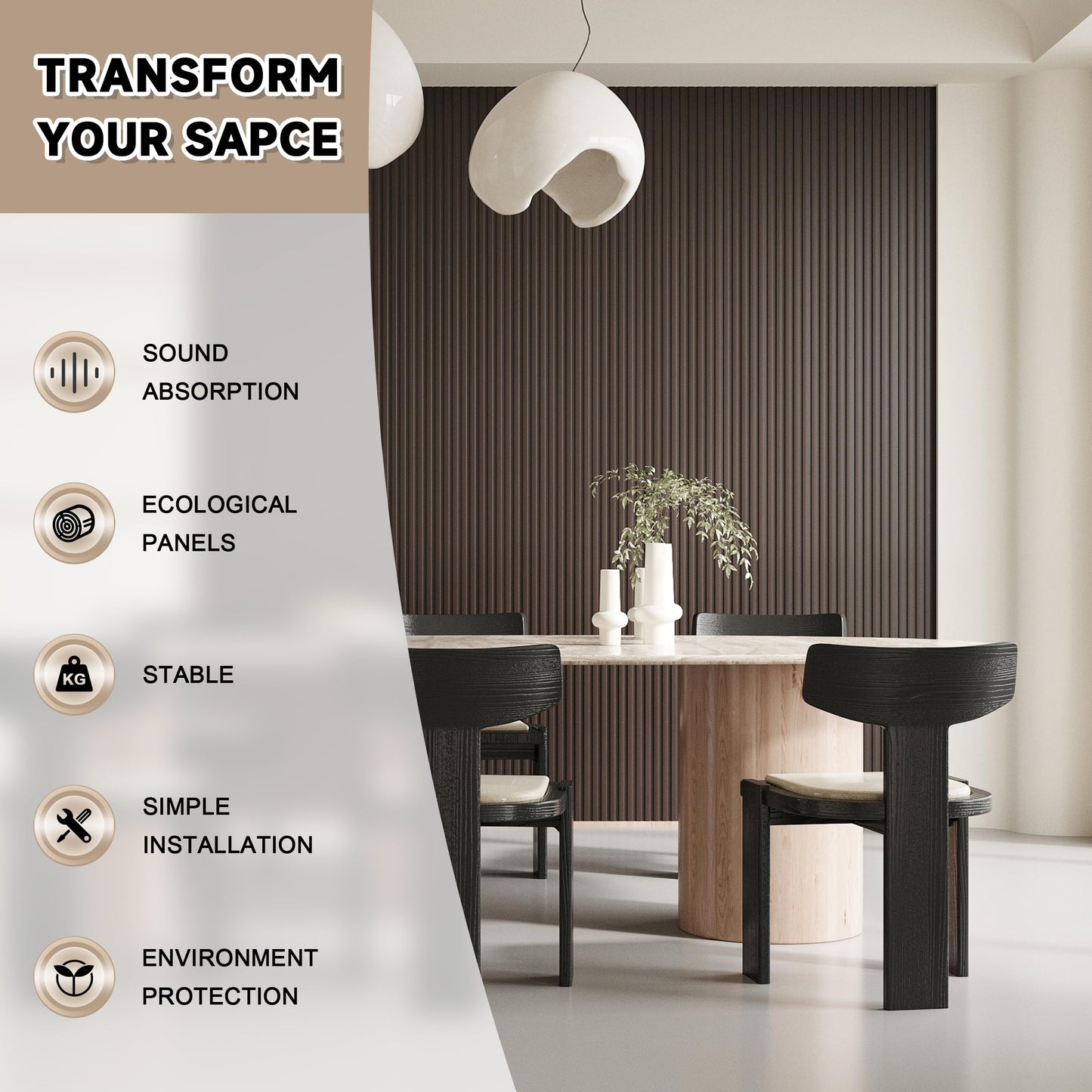 POHARE Slat Wall Paneling,8-Pack 3D WPC Wood Wall Panels,Acoustic Wall Panels for Interior Wall Decor,Living Room,Bedroom,Black Brown,95 x 6 in