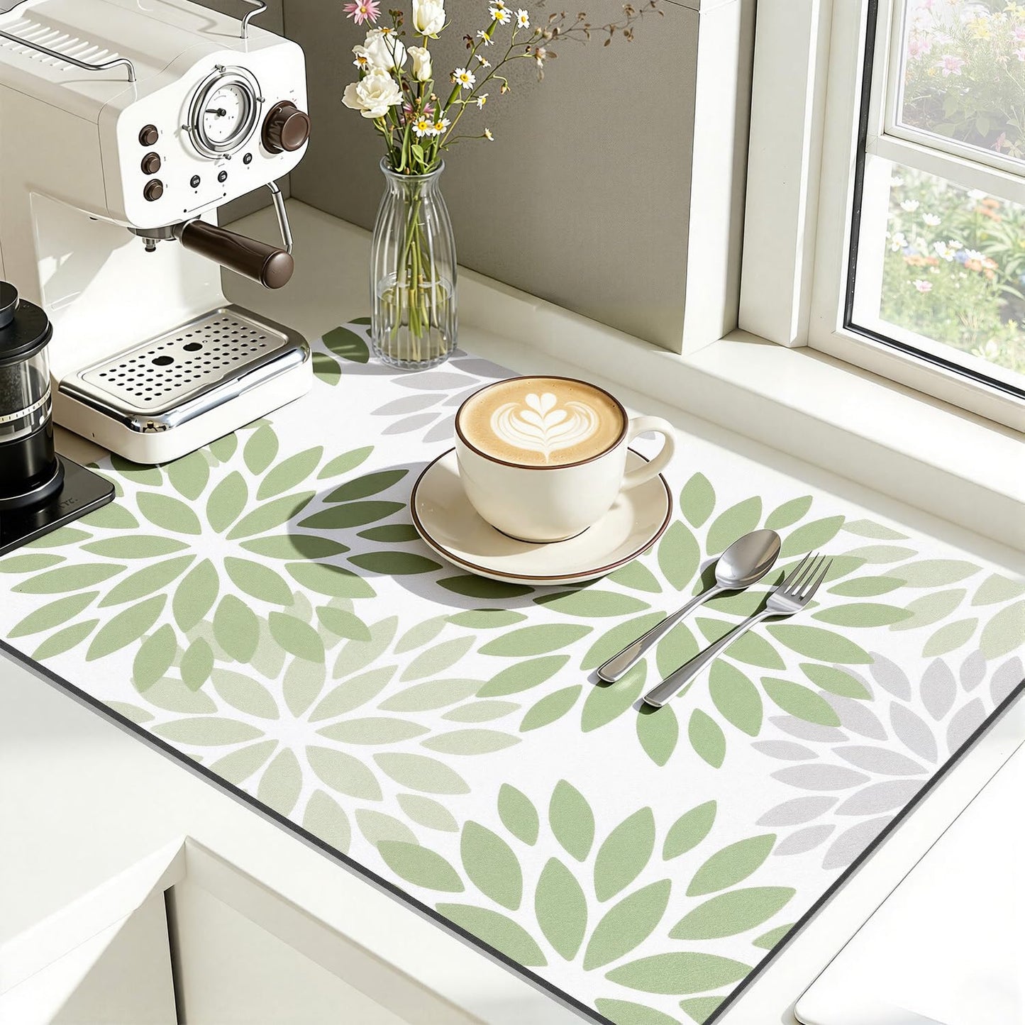 Findosom Floral Dish Drying Mat, 12" x 20" Super Absorbent & Hide Stain Coffee Mat, Cuttable Drying Mat for Kitchen Counter, Under Dish Rack, Coffee Maker, Espresso Machine, Sage Green