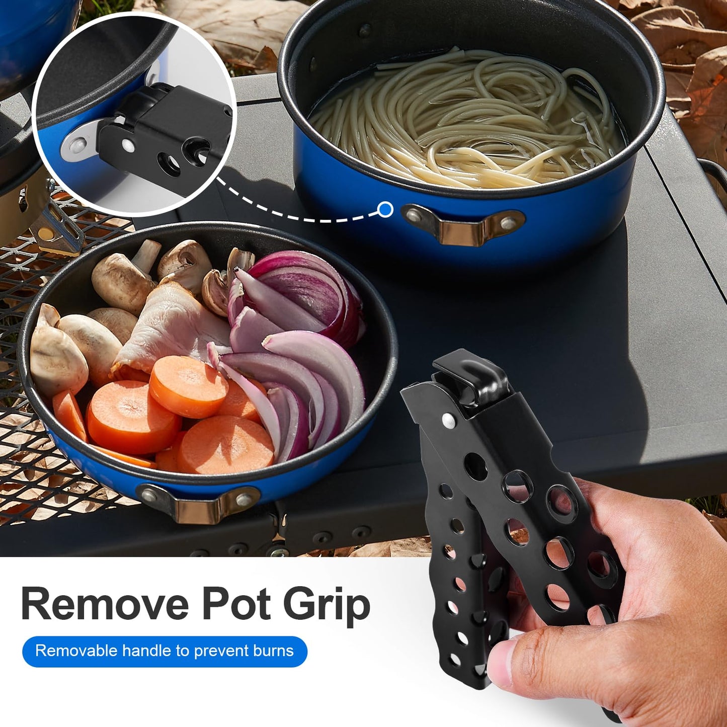 Odoland 5pcs Camping Cookware Non-Stick Camping Pot and Pan Set with Kettle and Removable Handle for Hiking Backpacking and Picnic(Blue)