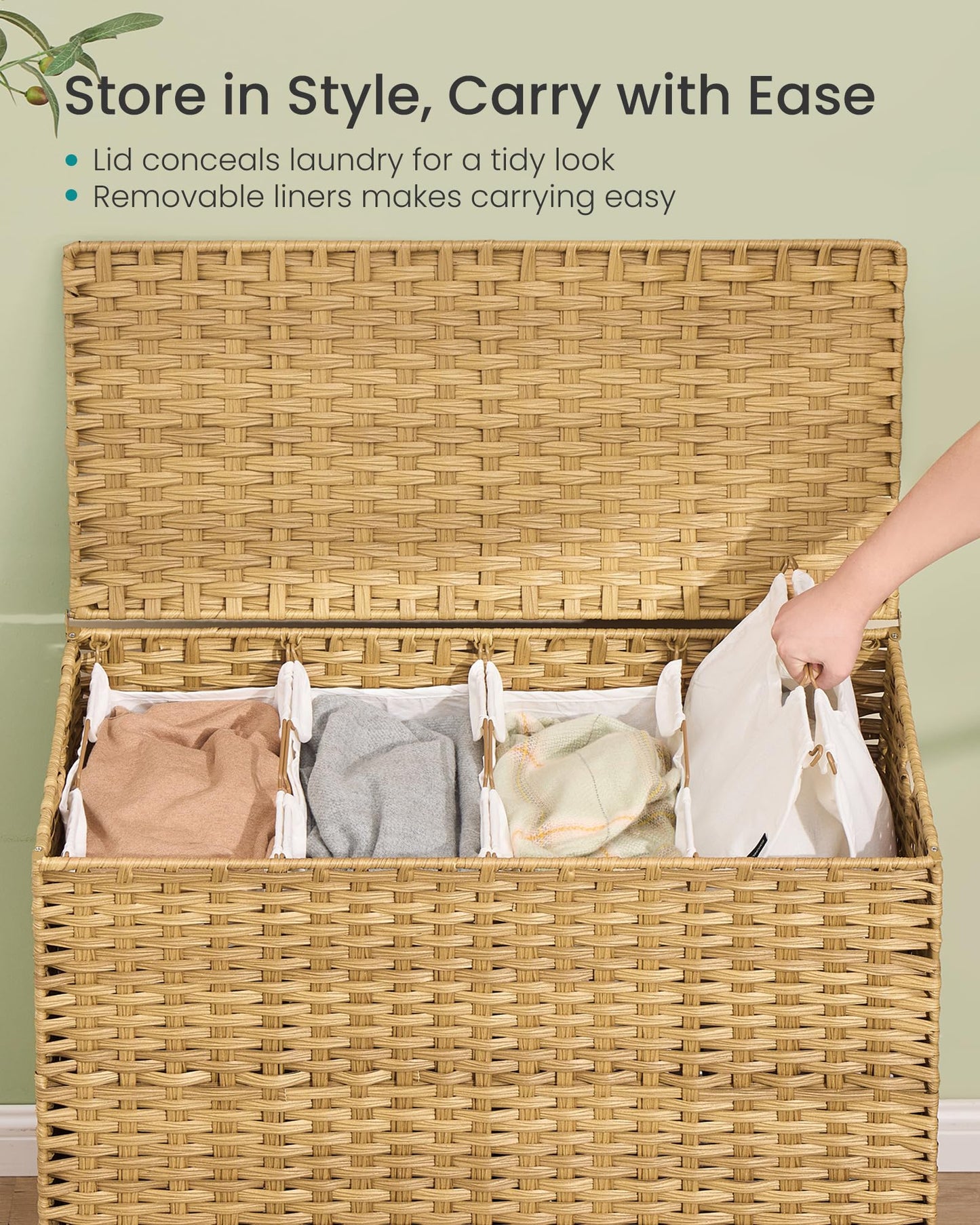SONGMICS 4-Section Laundry Hamper with Lid, 55.4 Gal (210L) PE Rattan Laundry Basket with Removable Washable Liners, for Bedroom & Living Room, Goose Yellow ULCB224YE01