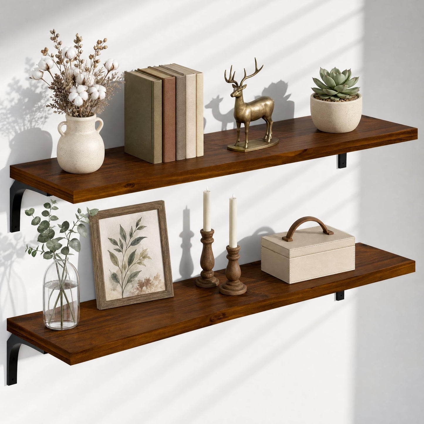 TEDIDUWA 12 Inch Deep Floating Shelves Set of 2, 48 Inch Extra Wide Vintage Walnut Solid Pine Wood Wall Shelves, 4ft Heavy Duty Wall Mounted Bookshelf with 100 lbs Capacity for Kitchen & Living Room