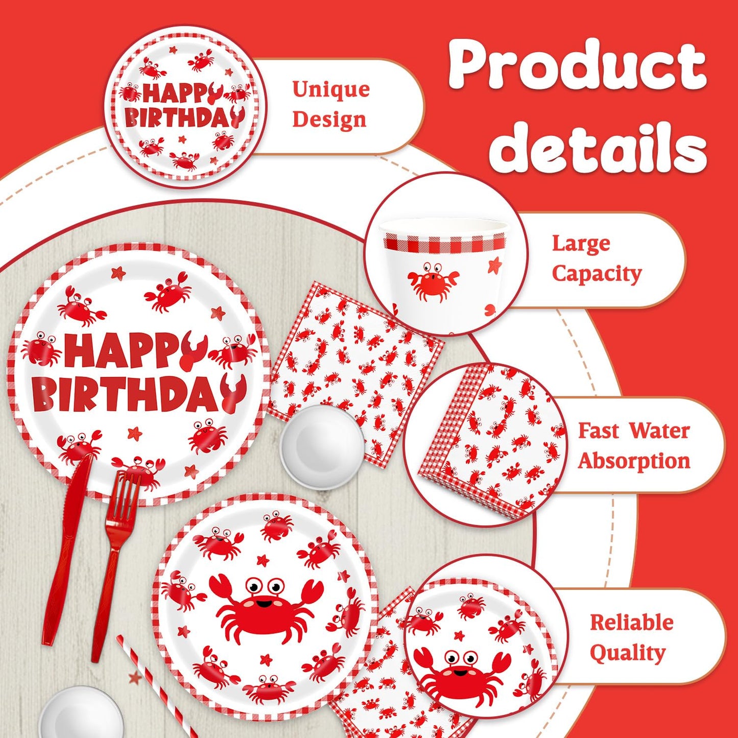 140Pcs Crab Birthday Party Decorations for 20 Guests Tableware Supplies Picnic BBQ Crabs Seafood Boil Party Plates and Napkins Forks Cups Knives Straws for Kids Baby Shower Birthday Party Decorations