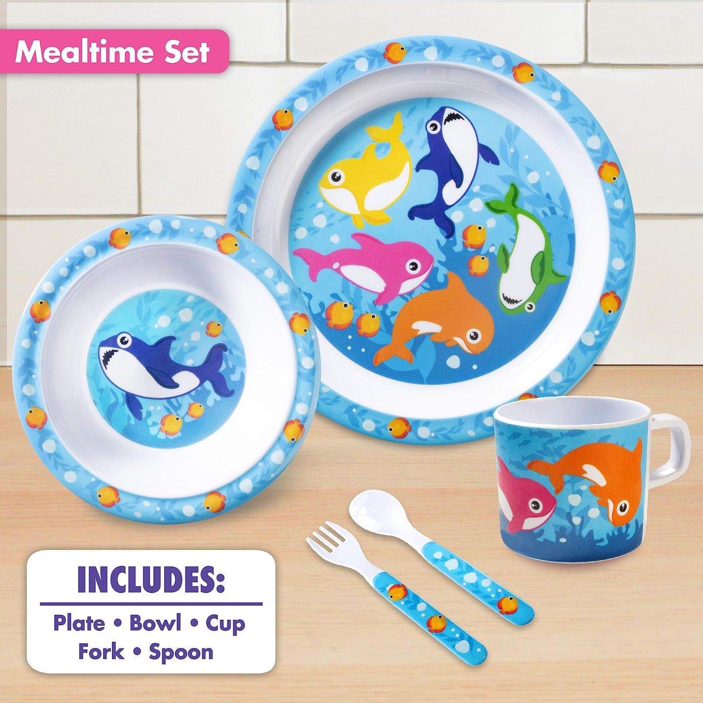 Bentology 5 Pc Mealtime Set for Kids - Shark Theme -Includes Raised Edge Plate & Bowl, Cup, Fork & Spoon -Dishwasher Safe, BPA Free- Cute Durable Dish, Easy Self-Feeding- Gift for Toddlers