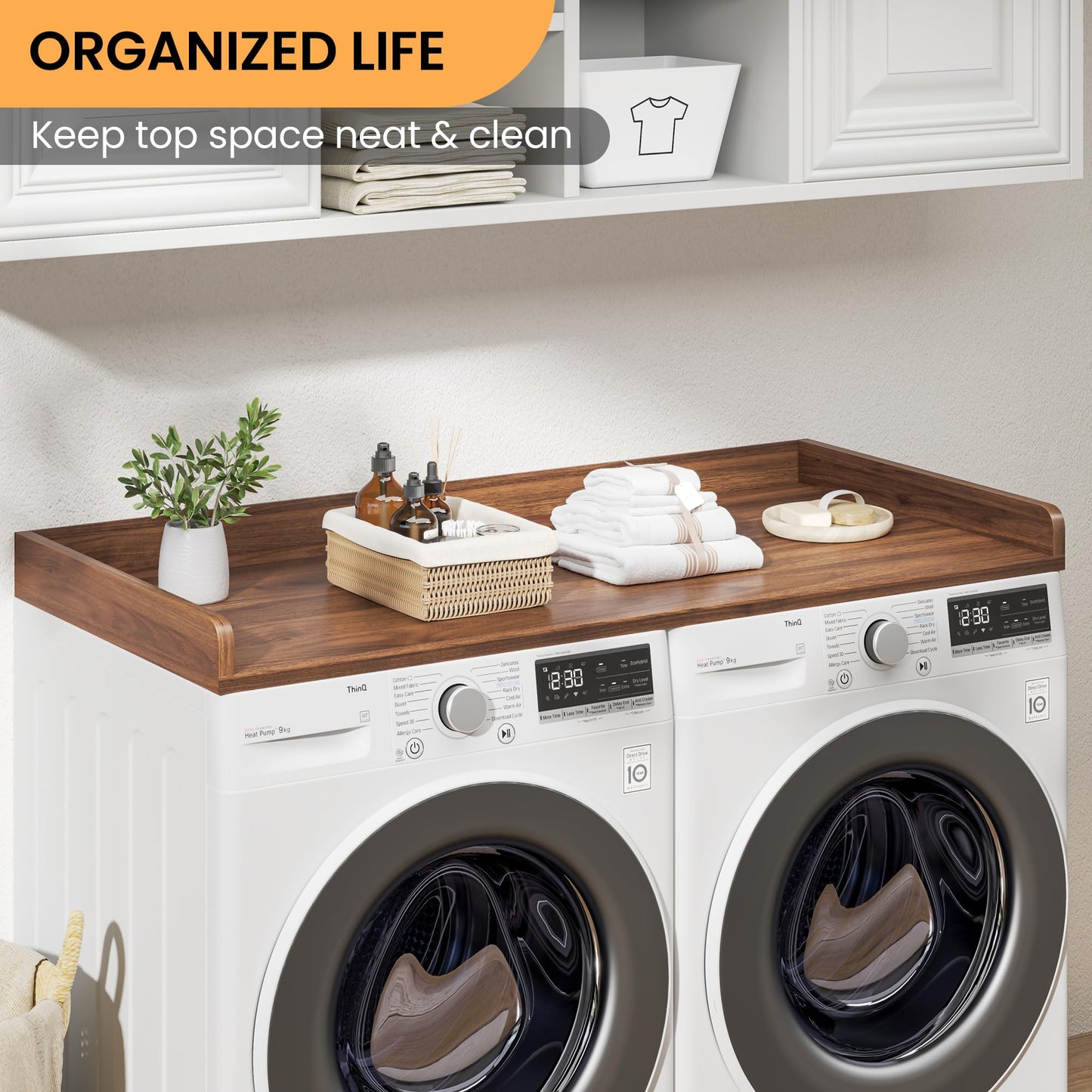 Washer Dryer Countertop, 27.5"x54" Wood Washer and Dryer Countertop with 2.95" Edge Rails, Laundry Machine Topper with Rounded Corner for Laundry Room Organization and Storage, Walnut