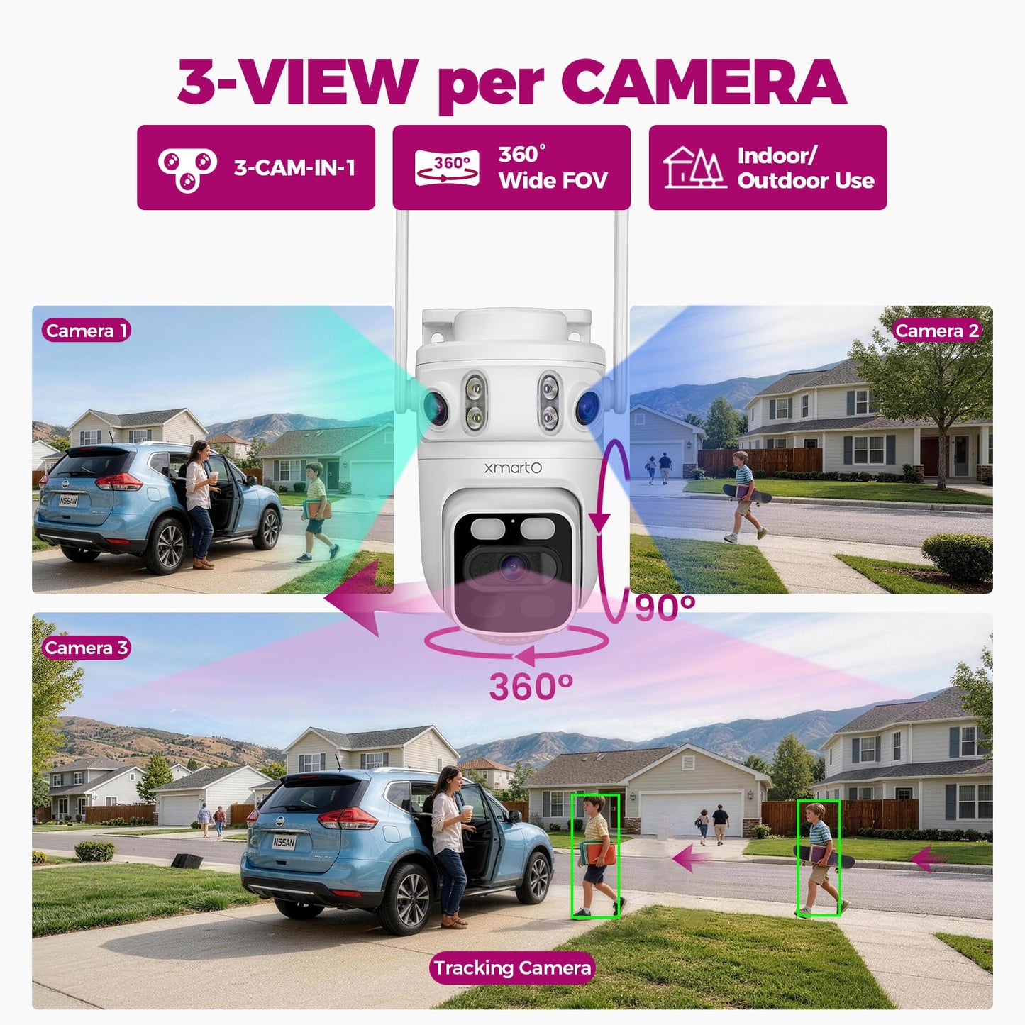 XMARTO 6MP Tri-Lens 4-Cam 1TB WiFi Mesh Security Camera System,16CH 4K H.265 WiFi-Inside NVR,360°PTZ AI Tracking,3-View/Cam,Long Range Wireless,Plug-in 24/7 Home Surveillance,Local & Mobile View