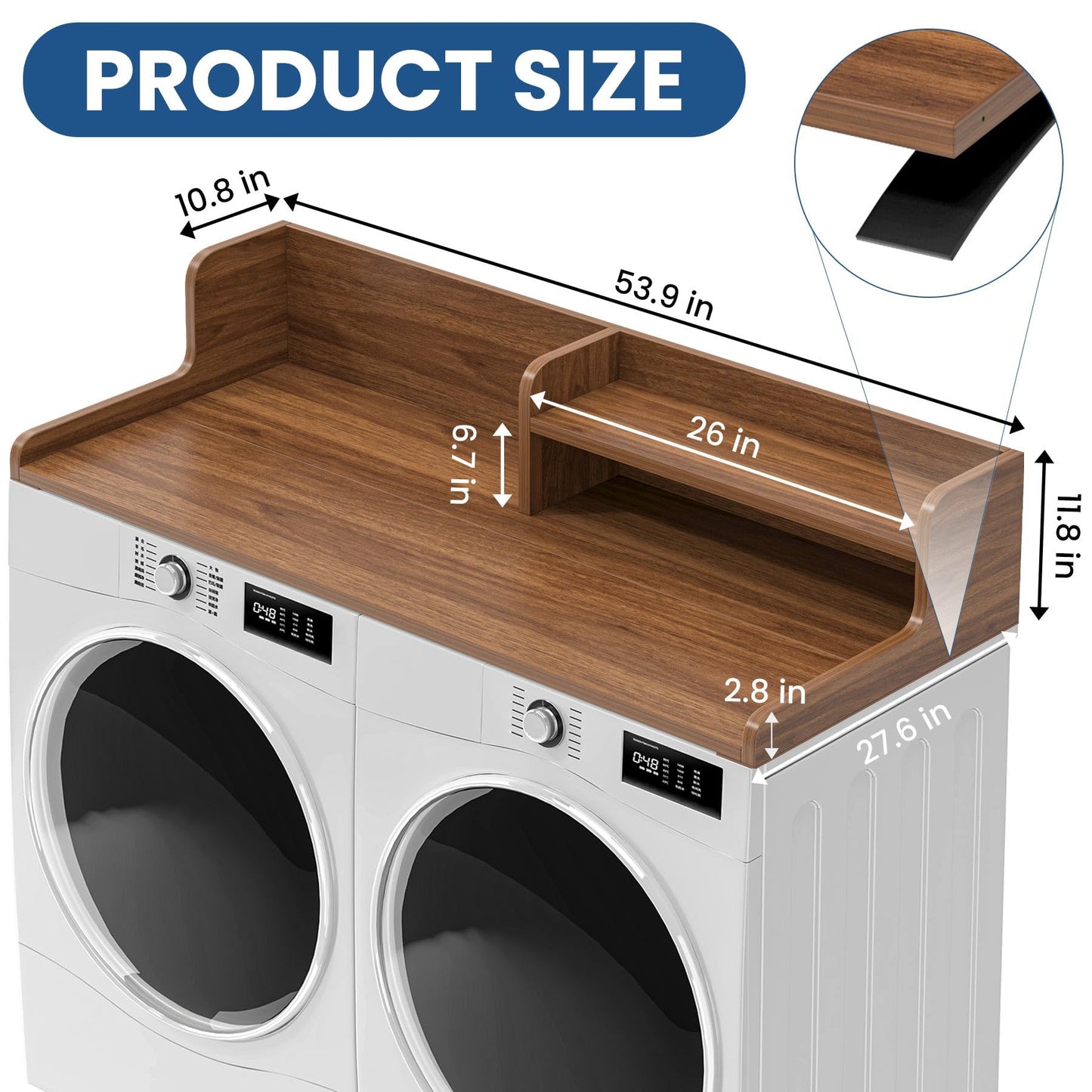 BREENHILL Washer Dryer Countertop with Open Storage Shelf & Raised Edge Guard, Laundry Room Storage Shelf Over Washer Dryer, Non-Slip Wood Organizer Topper, Walnut Finish