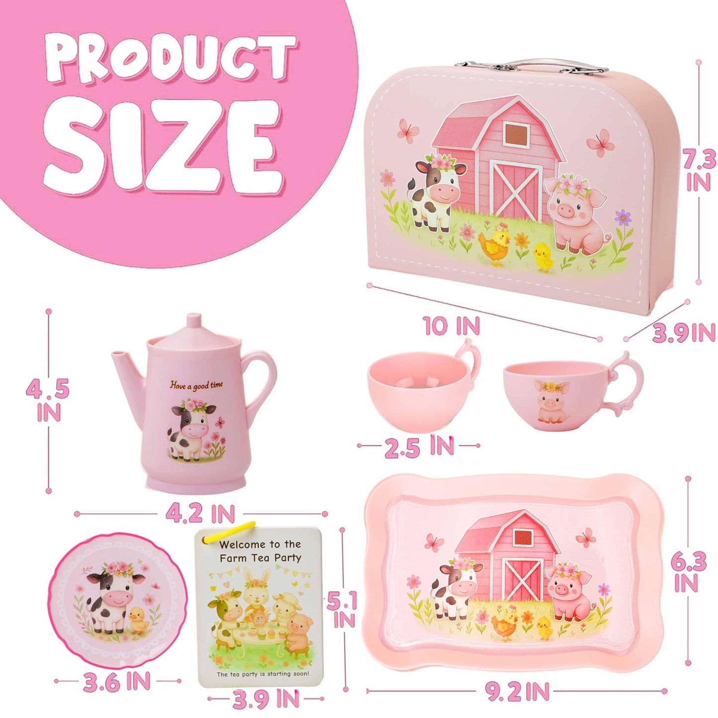 Lajeje Pink Barn Tea Party Set for Little Girls, 47PCS Farm Animal Pretend Play Tea Time Kit, Tea Sets for Toddlers 3-5 with Teapot & Story Cards, Carry Case Girls Birthday Gift, Easter Basket Stuffer