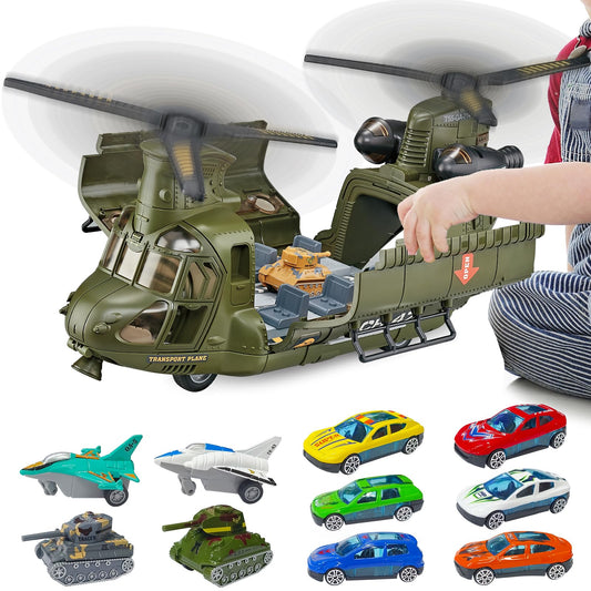 Yiwsnust Military Helicopter Toys Set with Light - Friction Powered Transport Helicopter Toy with Army Tanks, Airplanes, Mini Cars - Army Toys Military Playset Christmas Birthday Party Gifts for Kids