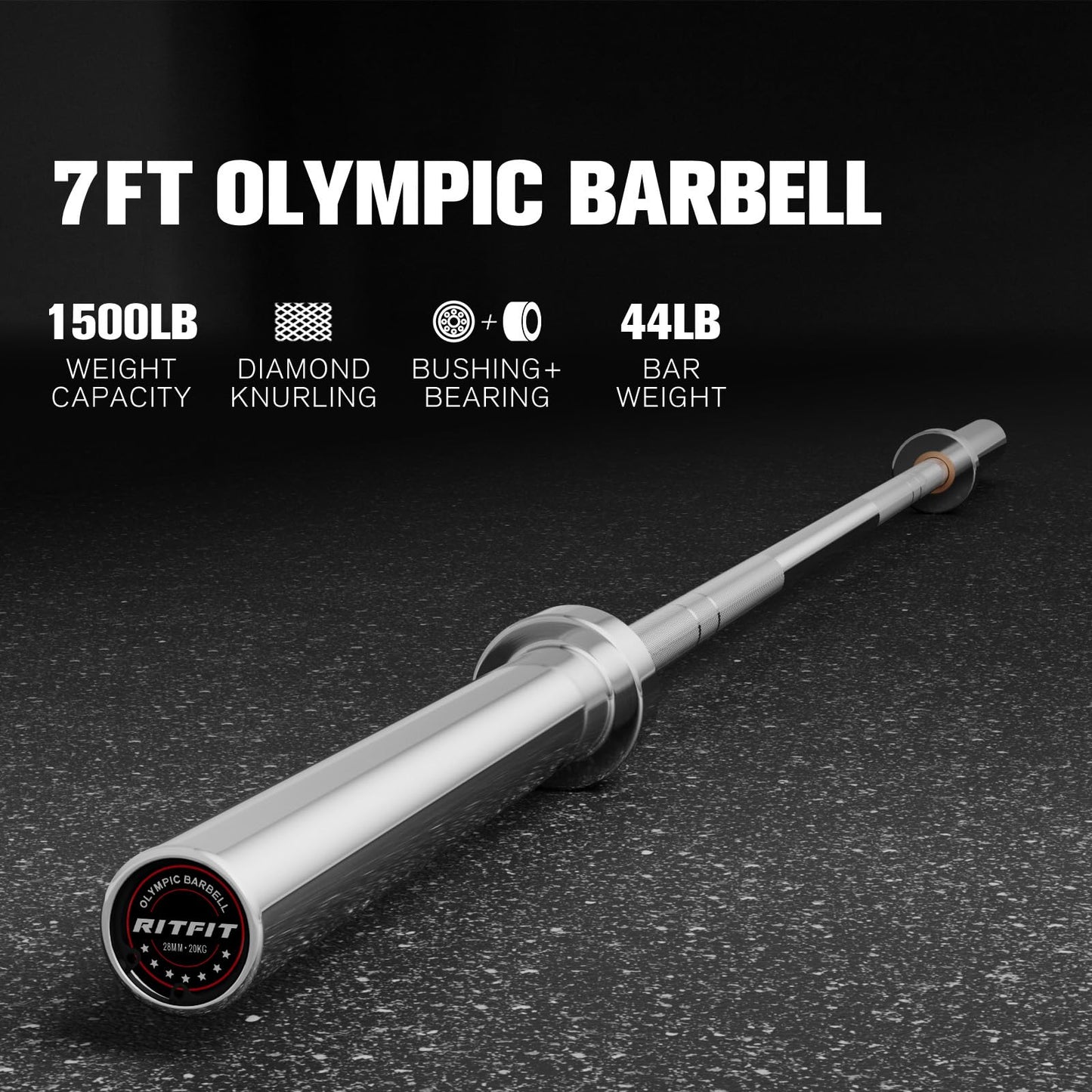 RitFit 7-foot Olympic Barbell Bar, General Purpose Weight Bar Suitable for Olympic Lifts and Power Lifts, 1200LBS Capacity