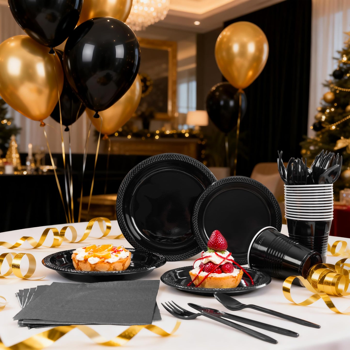 MirthMood 350PCS Black Disposable Plates,Black Plates,Plastic Party Supplies, Includes 50 Dinner Plates, 50 Salad Plates, 50 Silverware, 50 Napkins and 50 12OZ Cups for Wedding & Birthday & Party