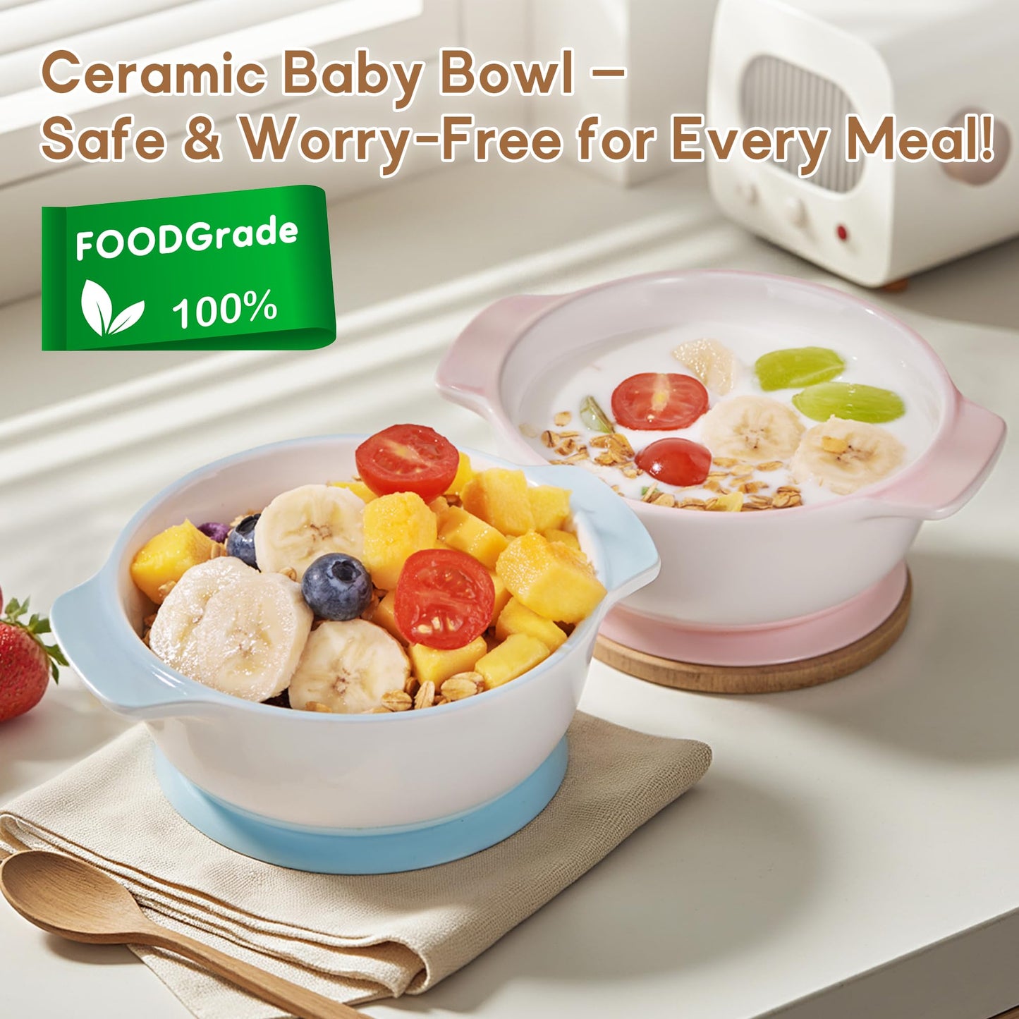 Mrs. Chou Ceramic Suction Bowl for Babies and Toddlers, Non-Slip Silicone Suction Cup, BPA-Free Lids, Independent feeding, First Stage Self Feeding Essential, Baby-Led Weaning Snack Feeder
