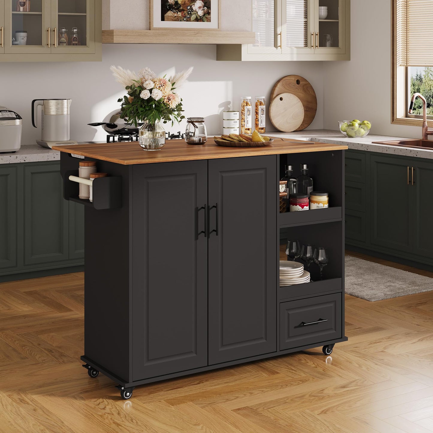 IDEALHOUSE Rolling Kitchen Island on Wheels, 48'' Mobile Kitchen Cart with Drop Leaf, Butcher Block Island with Open Shelf, Drawer, Spice Rack, Wood Top, and Lockable Wheels