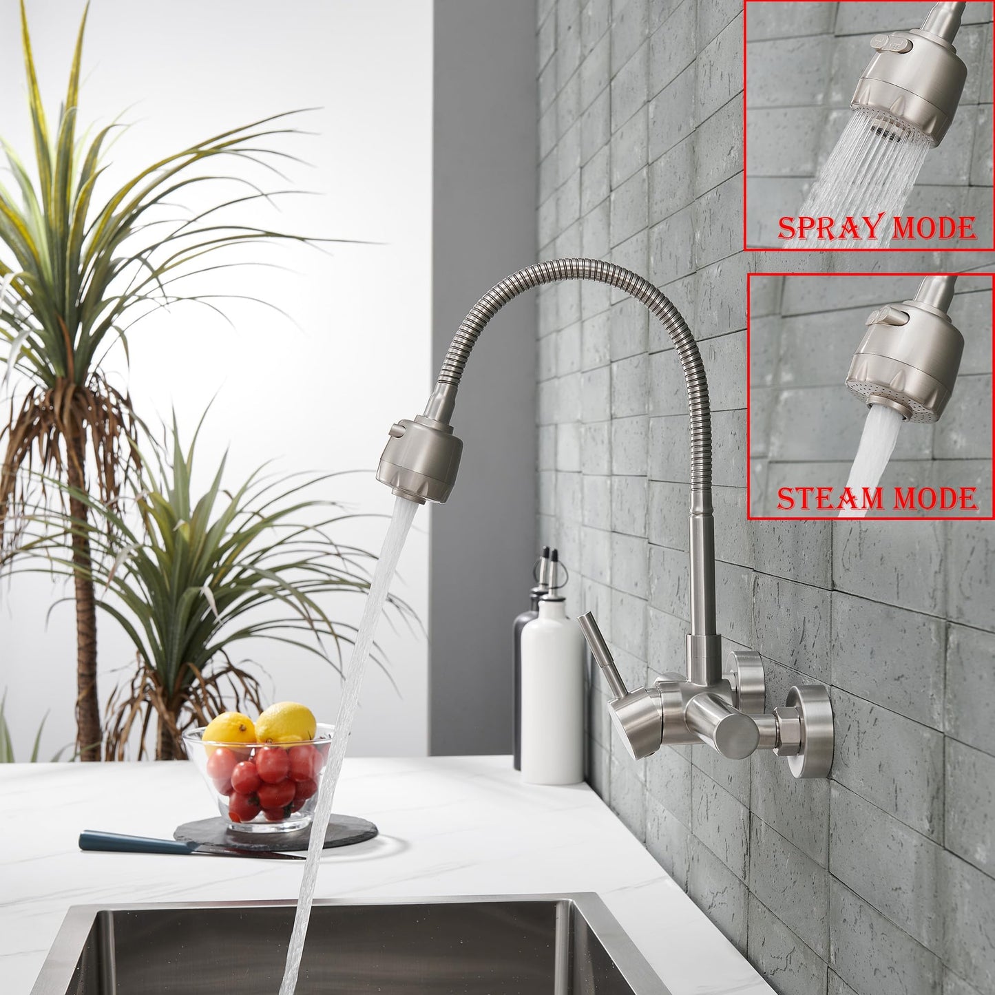 ZHYICH Wall Mount Kitchen Sink Faucet 8 Inch Center with Flexible Sprayer,Stainless Steel Mixer Tap with Dual Function Sprayer,Nickel Brushed Unility Sink Faucet