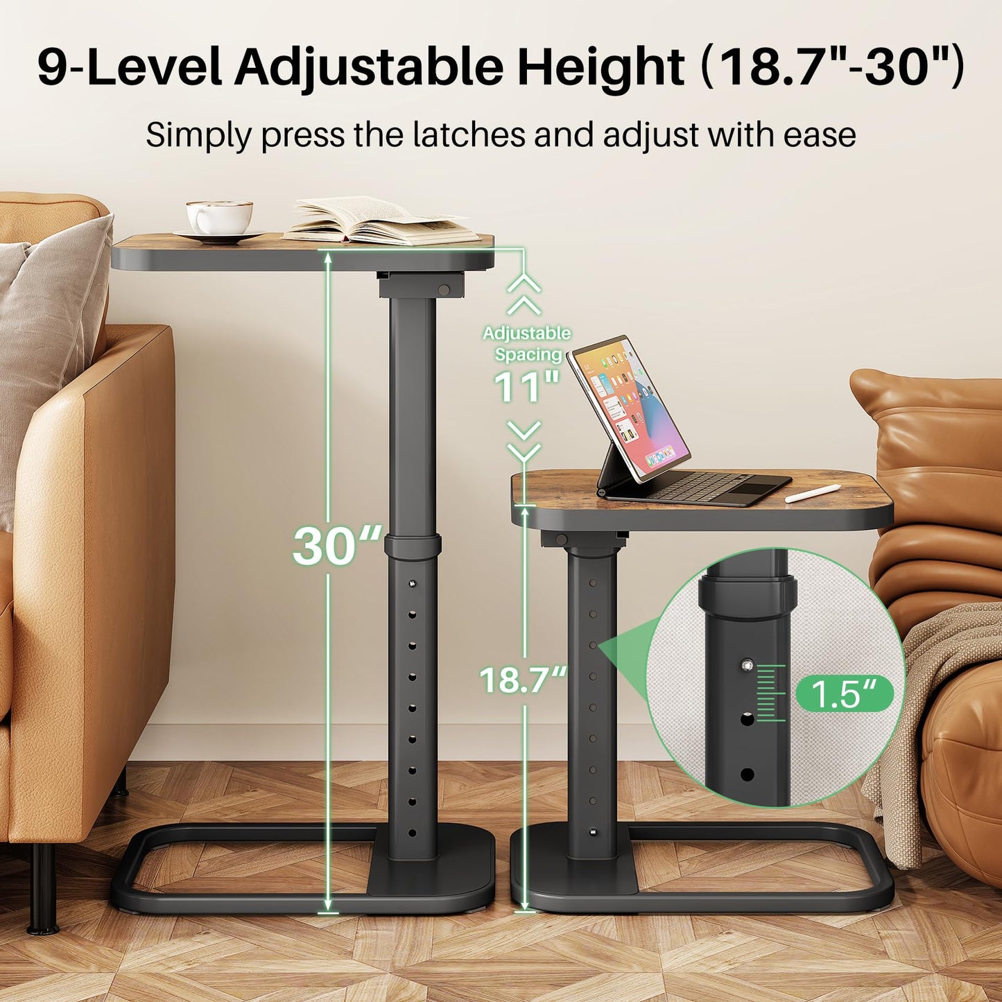 Kitstorack TV Tray Table, Adjustable Height & Flip-Top & Rounded Metal Corners, Snack Table for Couch, Sofa, Bed, Chair, Living Room, C Shaped End Side Table for Eating, Dinner or Laptop, Small Spaces