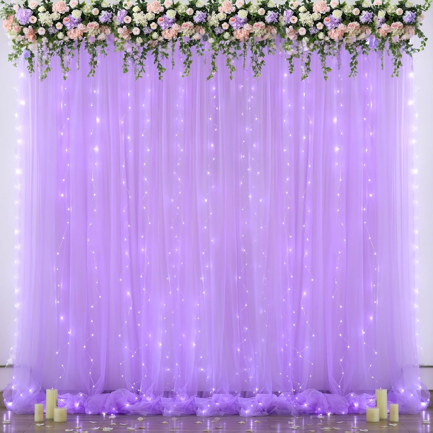 Suppromo 10ft 8ft Lavender Tulle Backdrop Curtain with Led Lights for Wedding Baby Shower Girls X Lilac Lavender Sheer