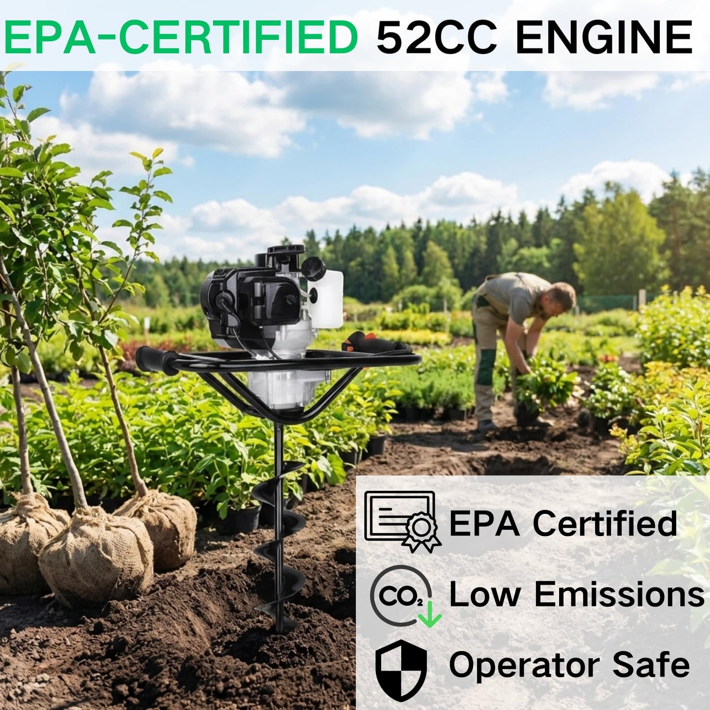 DC HOUSE 52cc 1800W Gas Powered Earth Auger EPA Certified Post Hole Digger, with 2 Drill Bits 6" 10", Mixing Ratio 30:1, for Fence, Farmland and Garden