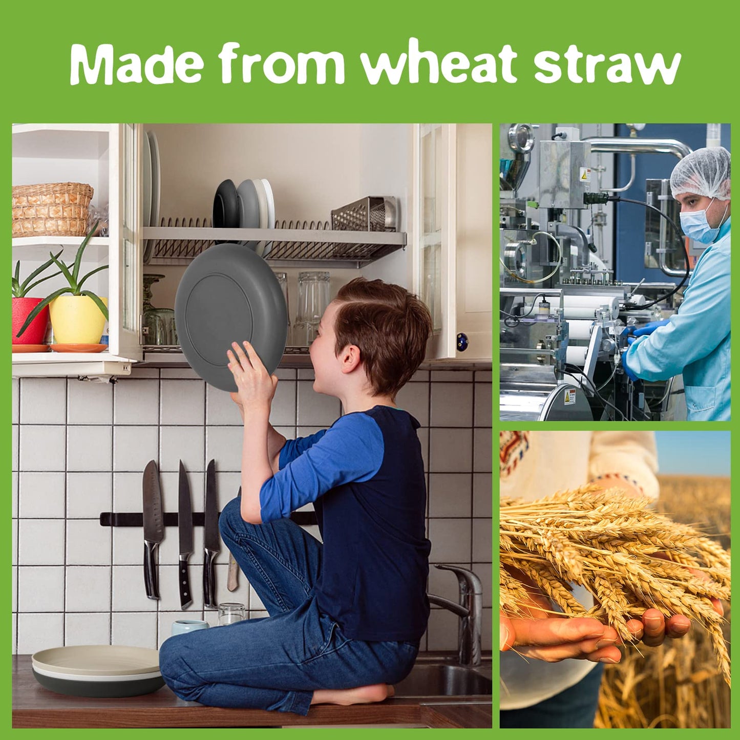Teivio 16-Piece Kitchen Plastic Wheat Straw Dinnerware Set, Service for 4, Dinner Plates, Dessert Plate, Cereal Bowls, Cups, Unbreakable Plastic Outdoor Camping Dishes,Gray Stone