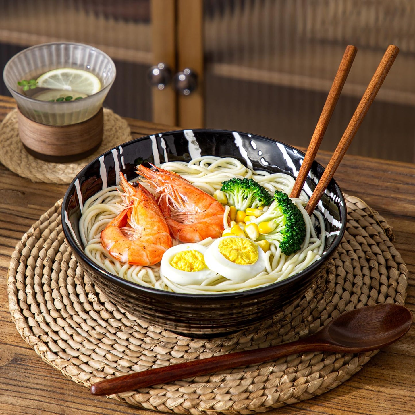YUN TAO Ceramic Ramen Bowls Set of 2, 40 oz Large Japanese Style Serving Bowls for Salad,Udon, Soba, Pho,Pasta, Asian Soup Noodle with Spoons and Chopsticks (Black)