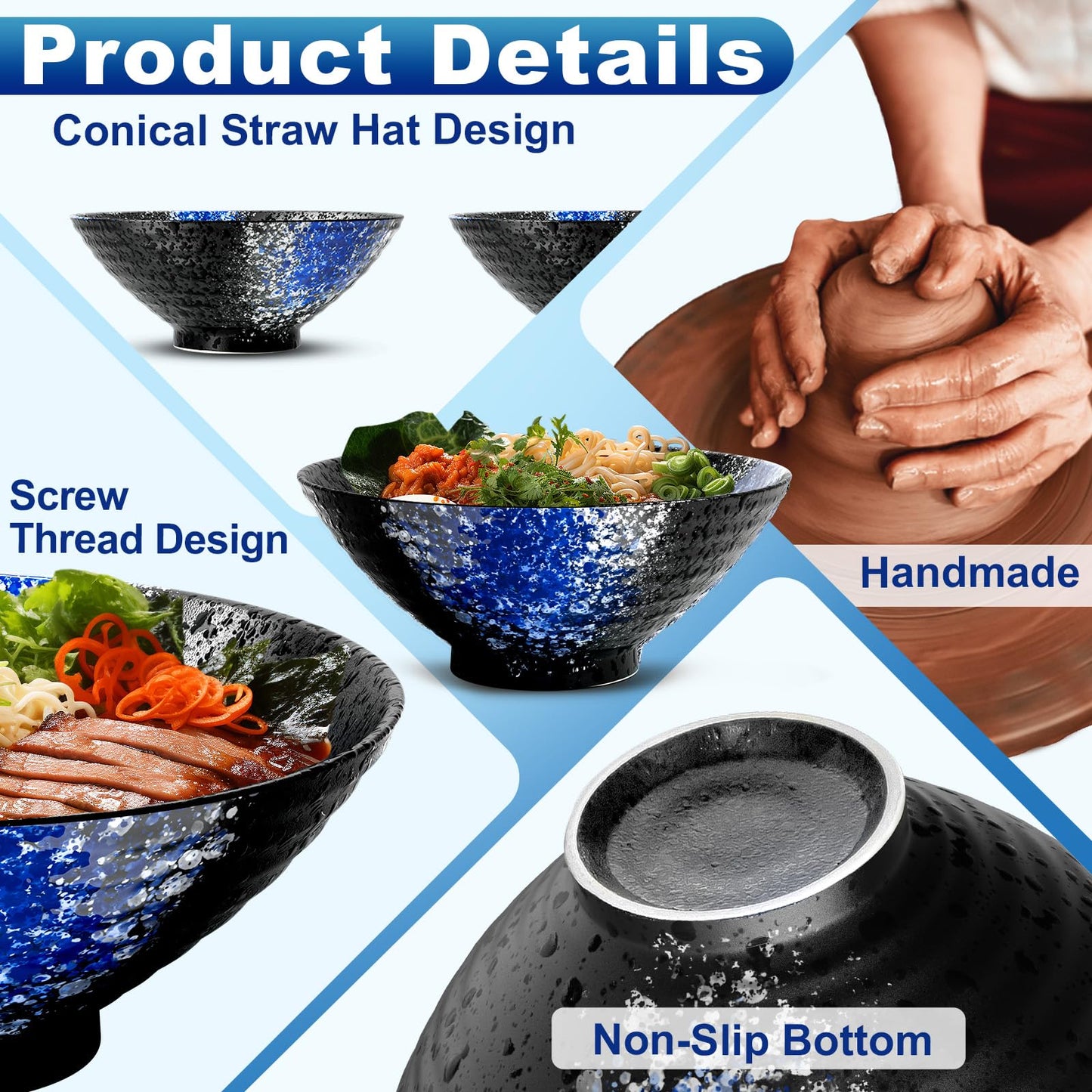 8-Inch Large Ceramic Ramen Bowl Set of 2 (9 Piece) - Microwave & Dishwasher Safe Porcelain Japanese Salad Noodles Cereal Fruit Pasta Soup Bowls with Recipes Chopsticks Forks Spoons for Men Women Gift