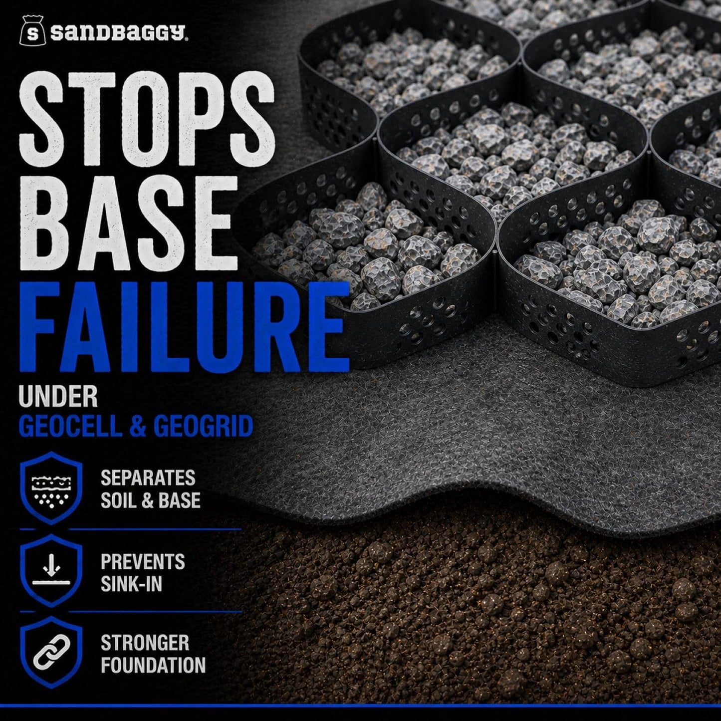 Sandbaggy Geogrid & Geocell Underlayment Fabric | Non-Woven Geotextile (8 oz) – Soil Stabilization for Driveways, Roads & Gravel – Erosion Control for Slopes & Walls | USA Made (6 ft x 100 ft Roll)