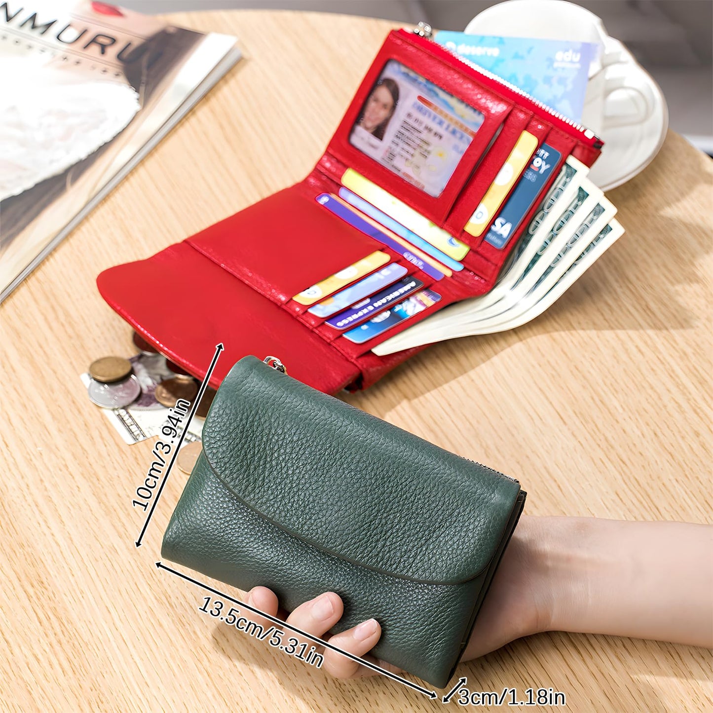 Unisex Pebble Leather Wallet, 5.3In Short Genuine Leather Coin Card Holder, Two zippered pockets, Unisex Clutch Bags, Can Hold Coins, Cards, Id Cards (Red)
