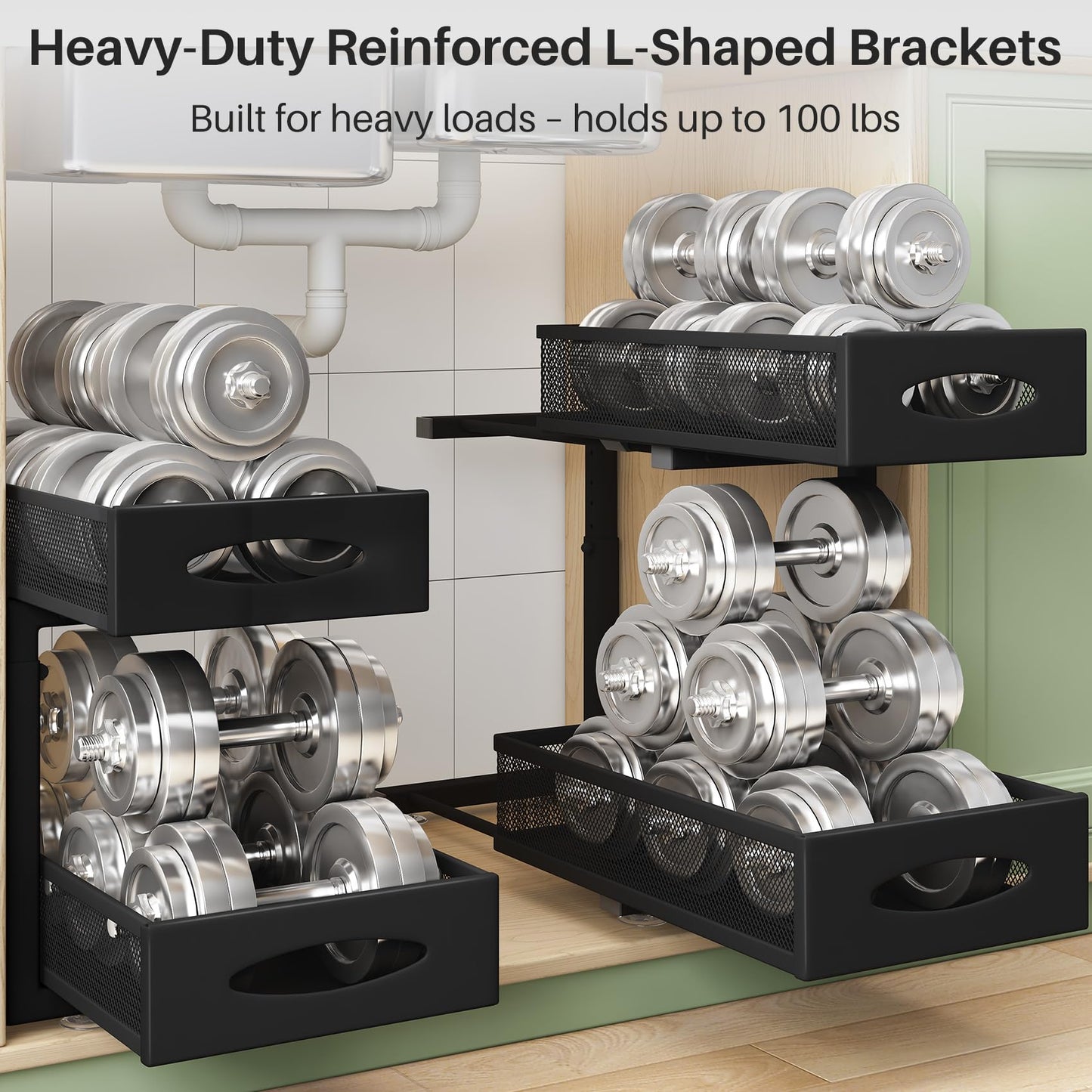 Under Sink Organizer, 2 Tier Pull out Cabinet Organizer Baskets with Mesh Sliding Drawers, Slide out Storage Shelf for Home, Kitchen, Bathroom, Pantry, Office Cabinet, Countertop(1 Pack)