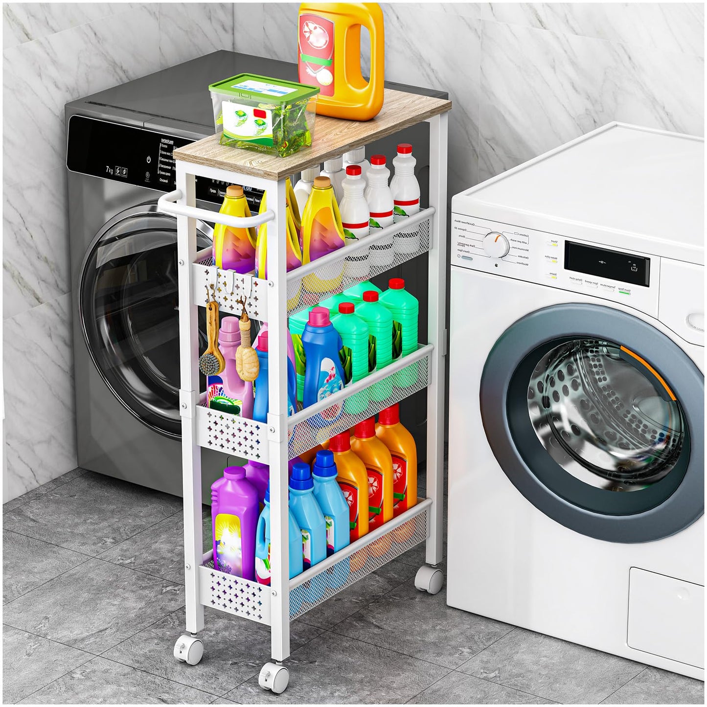 Vivihomety Utility Slim Storage Cart, 4 Tier Small Rolling Kitchen Laundry Room Cart with Wood Top, Metal Bathroom Storage Cabinet Mobile Shelf Unit Organizer Trolley with Handle for Narrow Space