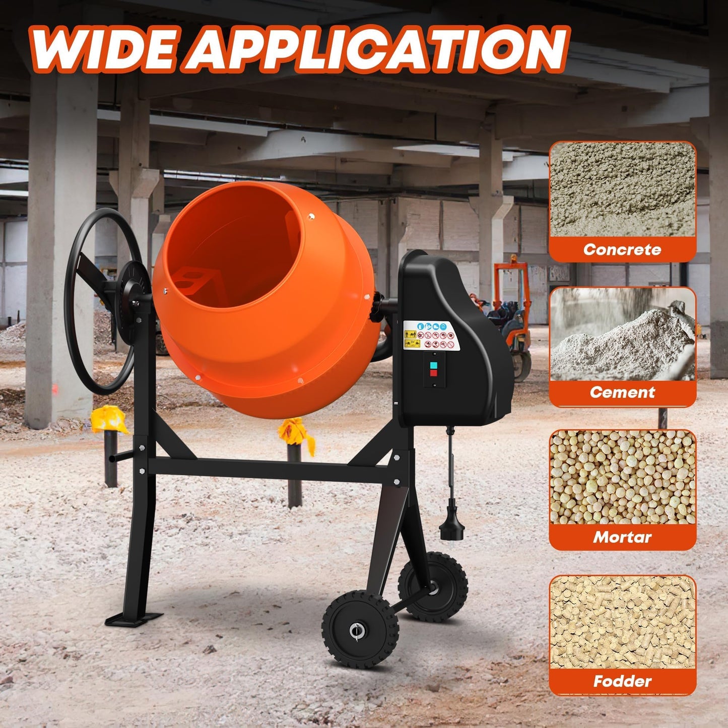Concrete Mixer Machine 5.3 Cu.Ft. – 750W 1HP Heavy Duty Portable Industrial Cement Mixing Machine with Wheel & Stand for Stucco, Mortar, Seeds, Orange
