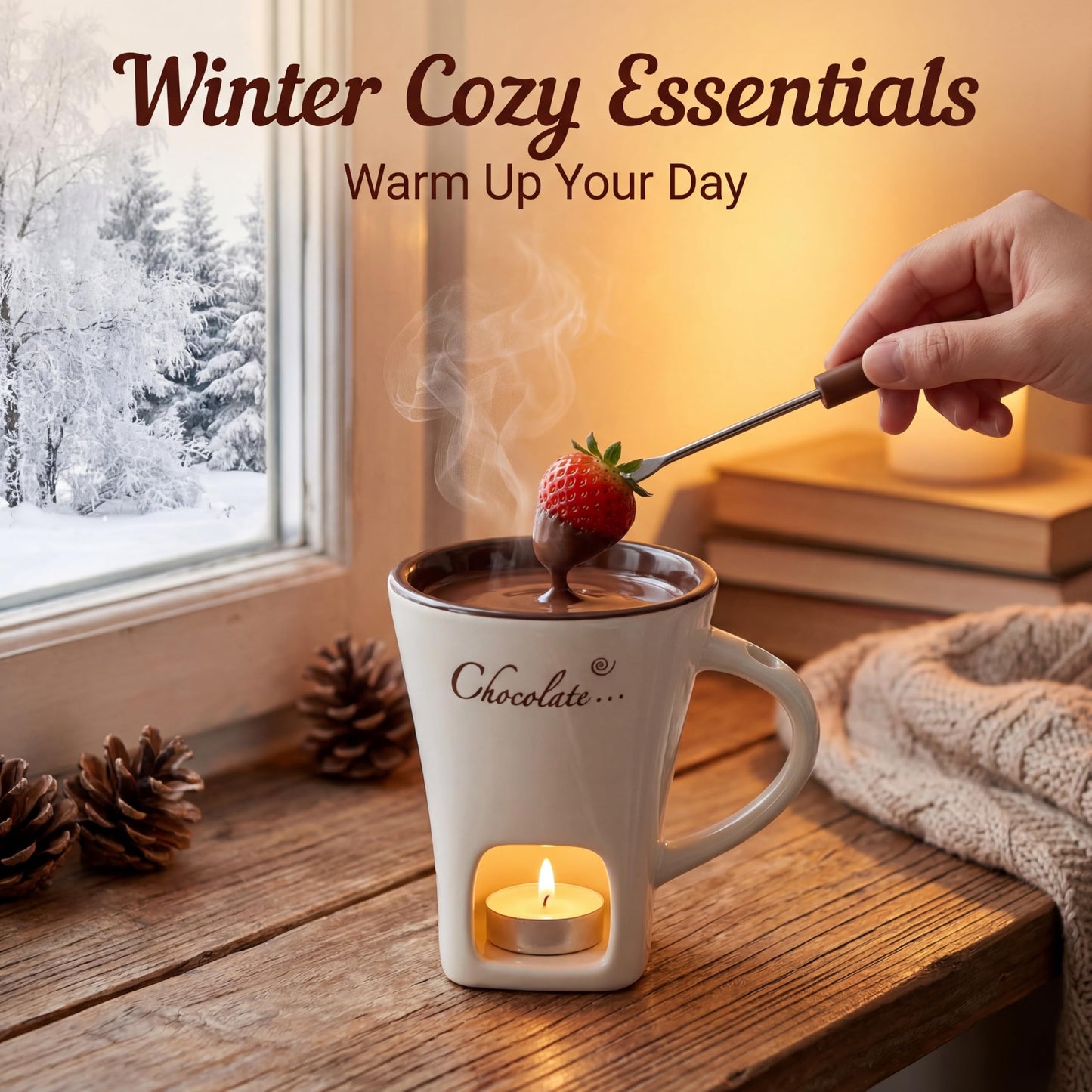 Fondue Mug Set for Chocolate Ceramic Melting Cups Tealight, Mini Fondue Pot Kit with Fork & Candle,Candy warmer, Perfect Gift for Date Nights Valentines Birthday Wedding Gift Dessert lovers (1, White)