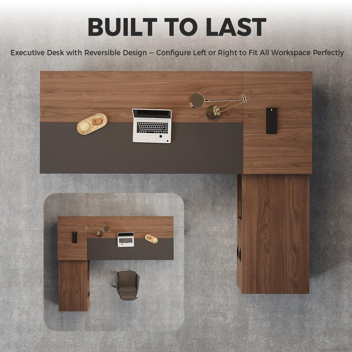 Nuipesn 71-Inch Reversible L-Shaped Executive Desk with Power Outlet & LED Lighting, Large Modern Office Desk with Drawers & Storage Shelves for Home & Office, Red Walnut & Iron Gray