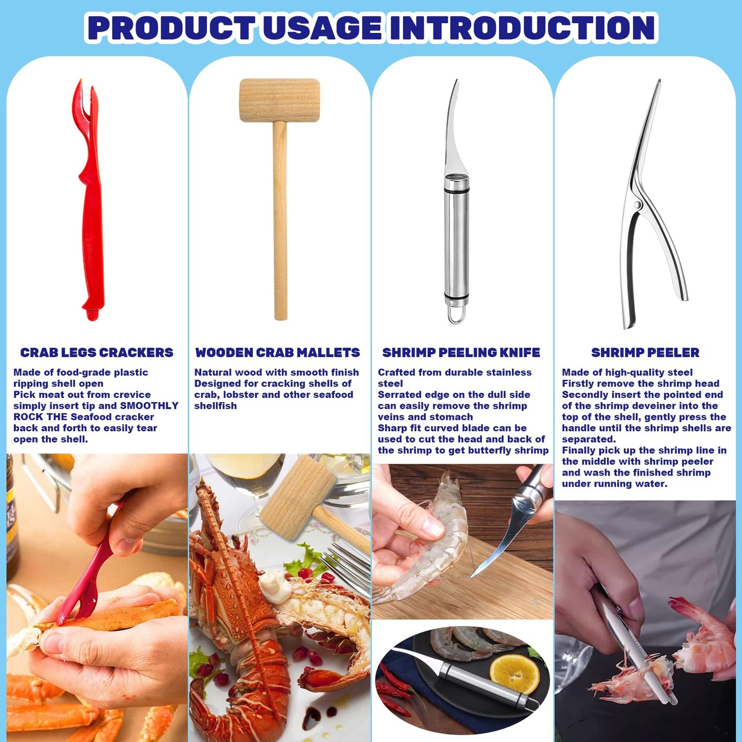 Waltool 19Pcs Seafood Tools Includes Sea Food Scissors, Crab Crackers, Oyster Knife, Lobster Crackers, Crab Hammer and Shellfish Forks, Nutcracker Set for Restaurants, Picnic and Home Use