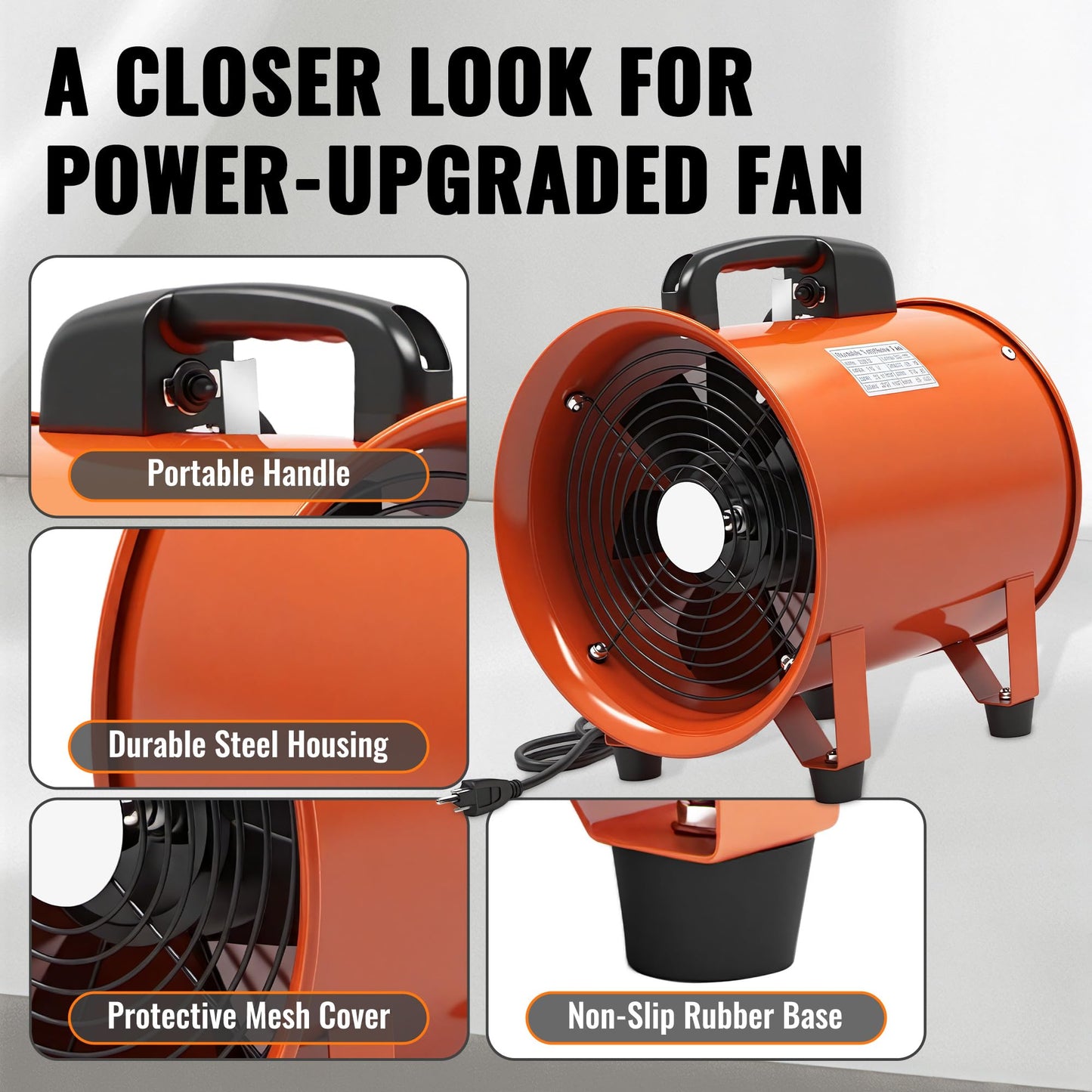8-Inch Utility Blower Fan, 3300 RPM High-Speed Industrial Exhaust Fan with 33ft Flexible Duct Hose, Low Noise 61dB Portable Ventilator for Crawl Space, Basement Drying, Workshop Ventilation