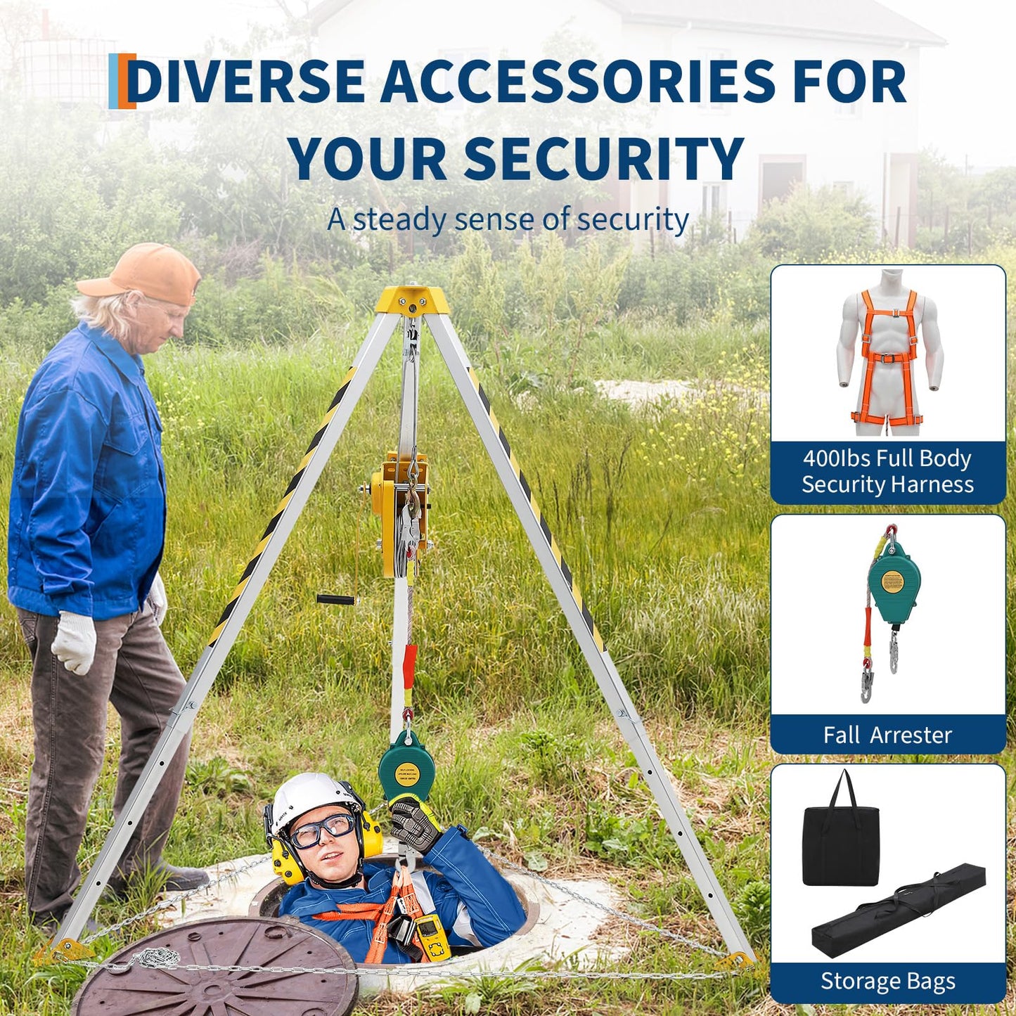 Adjustable Confined Space Tripod Rescue System – 2600 Lbs Winch, Self-Locking Safety, 98 ft Steel Cable, Safety Harness & Storage Bag, for Well, Sewer, Manhole, Tank Operations (Fall Protection)