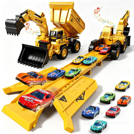Construction Toy Truck with Race Track Launcher, 2-in-1 Storage Dump Truck and Excavator Playset with 10 Mini Cars, Racing Track Toys for Kids Ages 3-8, Birthday Gift for Boys Girls