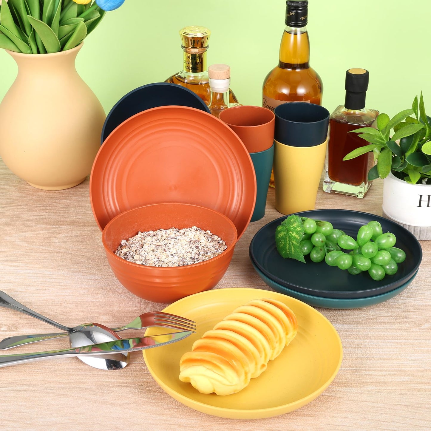 32-Piece Wheat Straw Dinnerware Set, Unbreakable Portable Camping Mess Kit with Plates & Bowls, Dishwasher & Microwave Safe for Family, Picnics & Travel (Colorful)