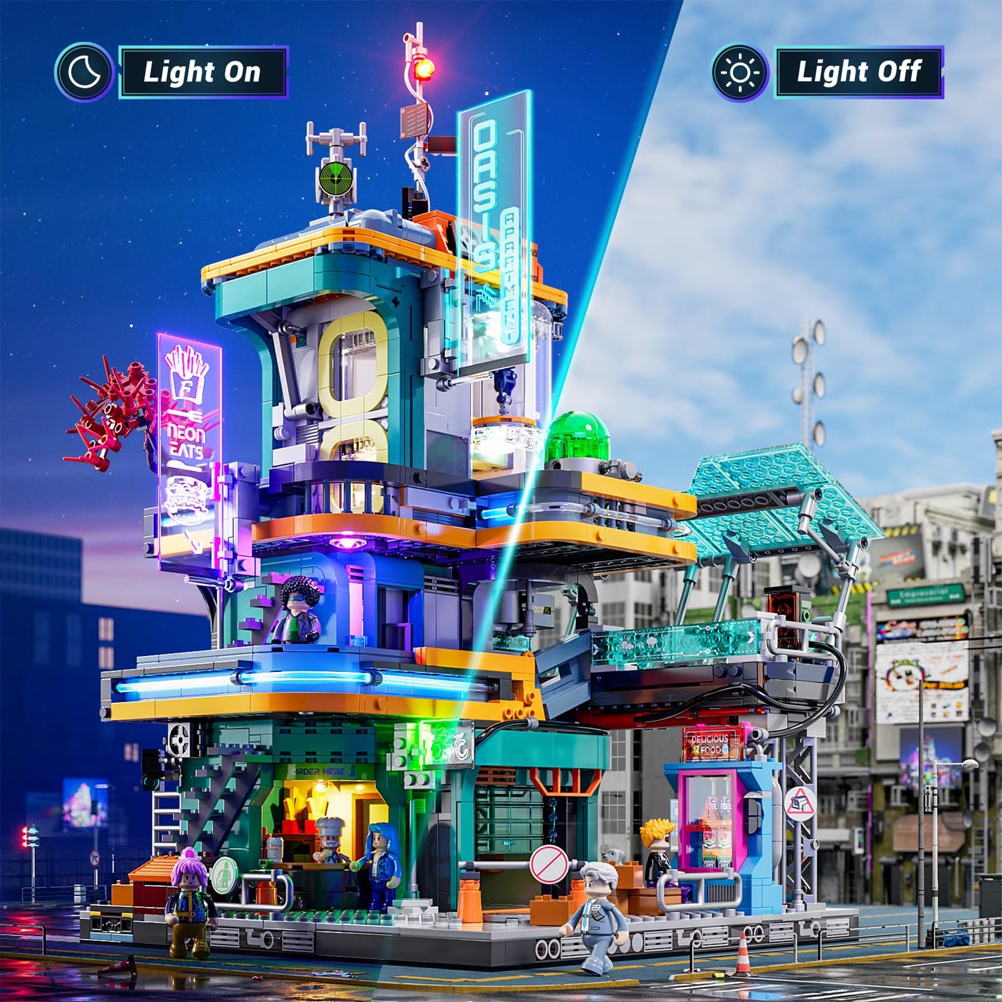 FUNWHOLE Cyberpunk Mansion Lighting Building-Bricks Set - 2524 Pcs Future City Modular Buildings Set Display Idea for Adults and Sci-fi Lovers