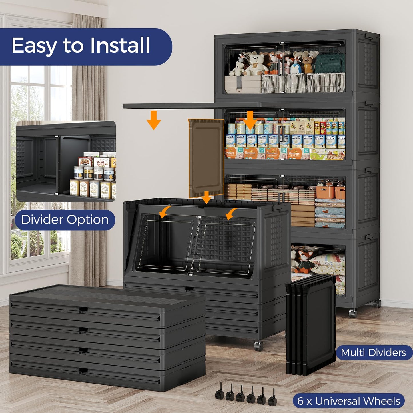 HOCRYPTA 250Gal 5-Tier Collapsible Storage Bins with Lid & Wheels, 1000QT Stackable Large Plastic Storage Cabinet Organizer Box with Doors for Bedroom Closet Kitchen Clothing Storage, Black