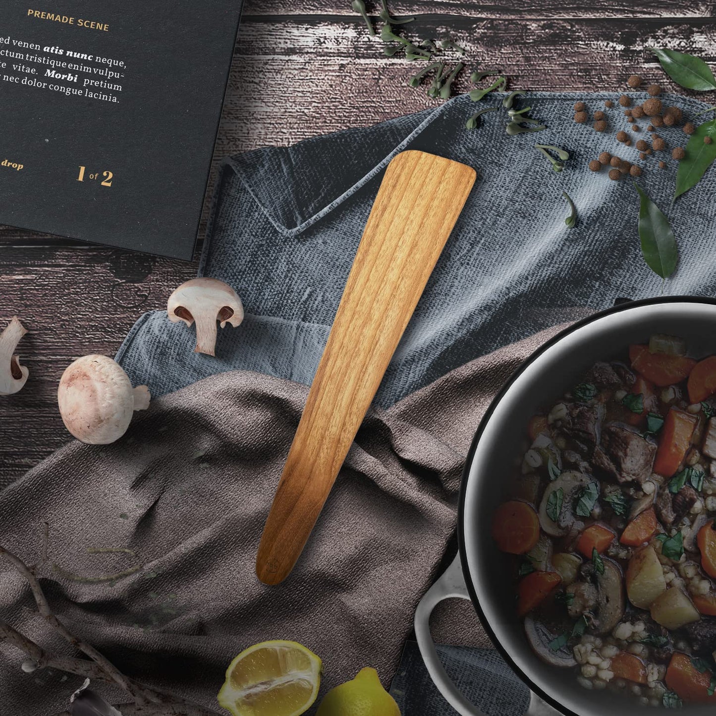 FAAY 13" Flat Wooden Spatula for Cast Iron, Egg Flipper, Pan Scraper, Handcraft from High Moist Resistance Golden Teak for Non Stick Cookware (13")