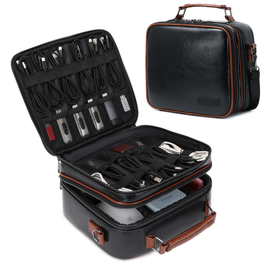 KYALOU Electronics Travel Organizer, Large Electronic Accessories Cable Case with Adjustable Dividers, Waterproof Tech Storage Bag Gifts with Double Layers for Cord, Charger, Power Bank - Black